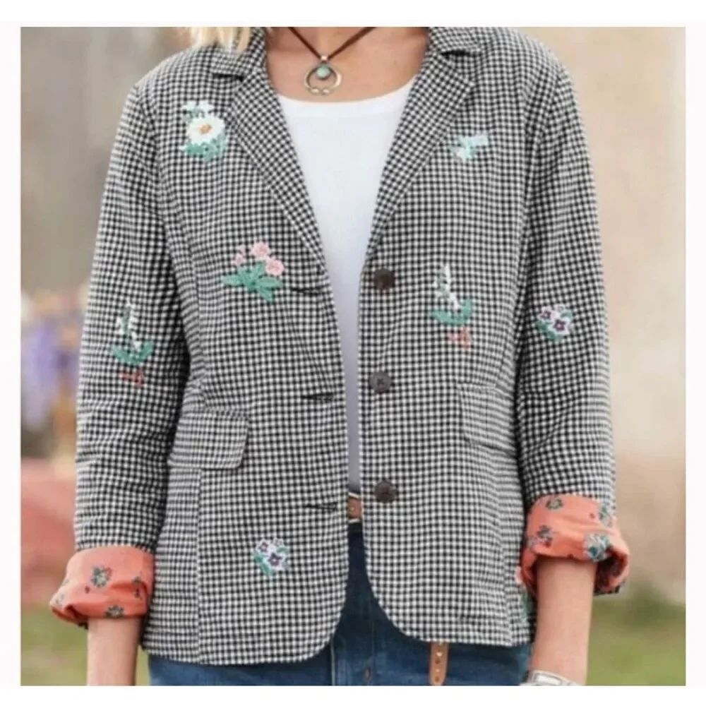 Sundance Tansy Gingham check floral Embroidered cotton button front blazer S